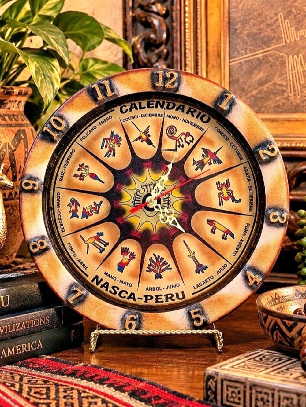 Vintage Calendario Nasca Peru Wall Clock Brown Black Peruvian Folk Art